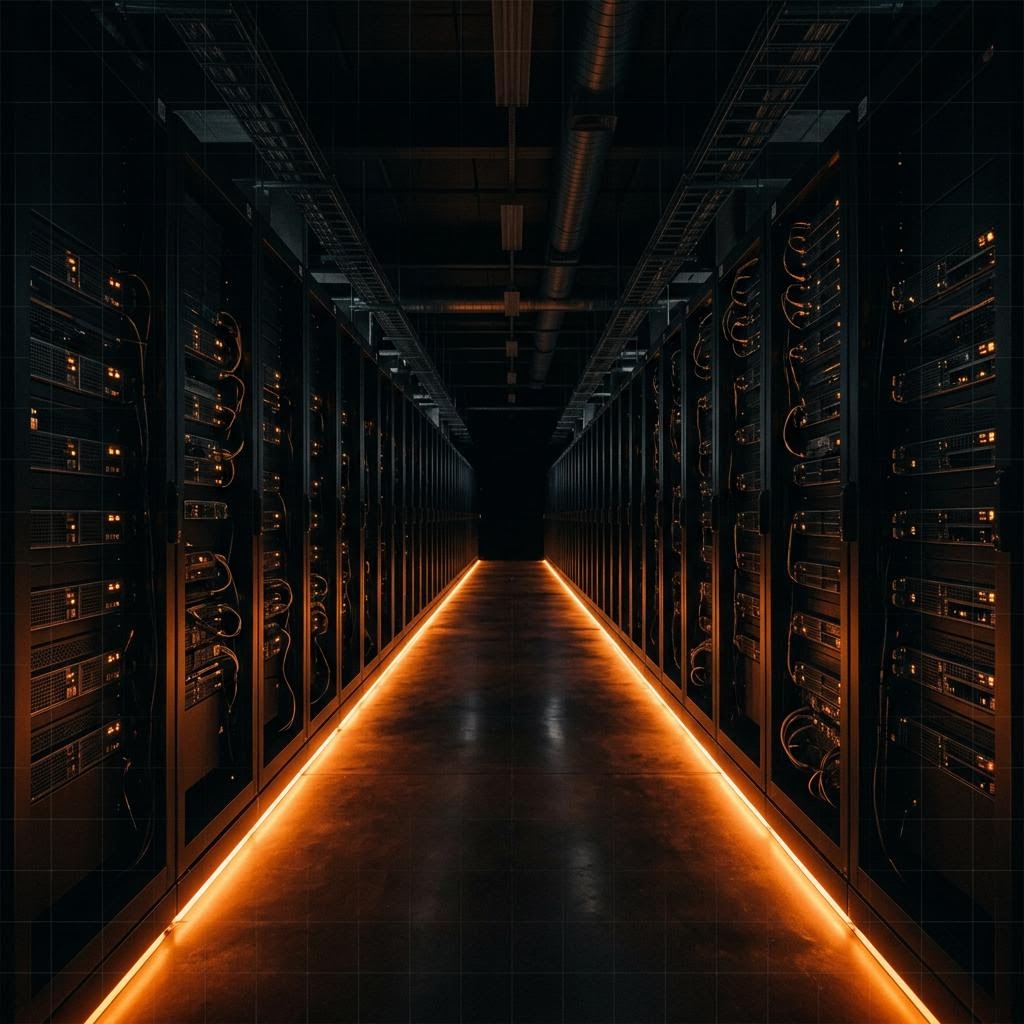 Dark datacenter corridor with orange status lights